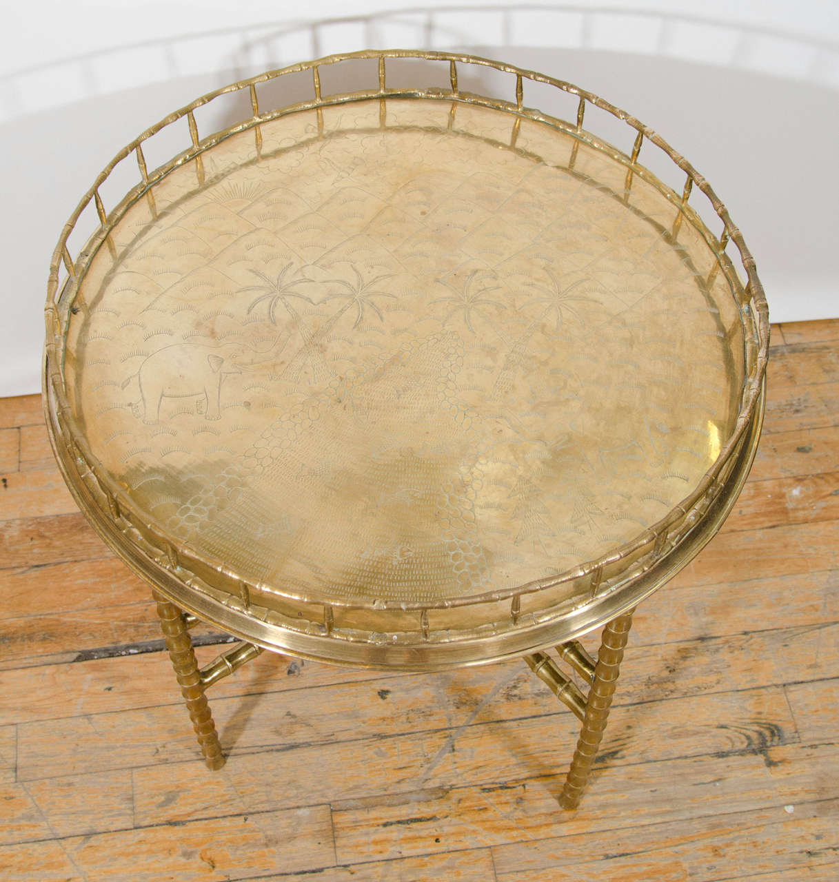 Mid-Century Modern Midcentury Faux Bamboo, Circular Brass Tray with Folding Table or Stand