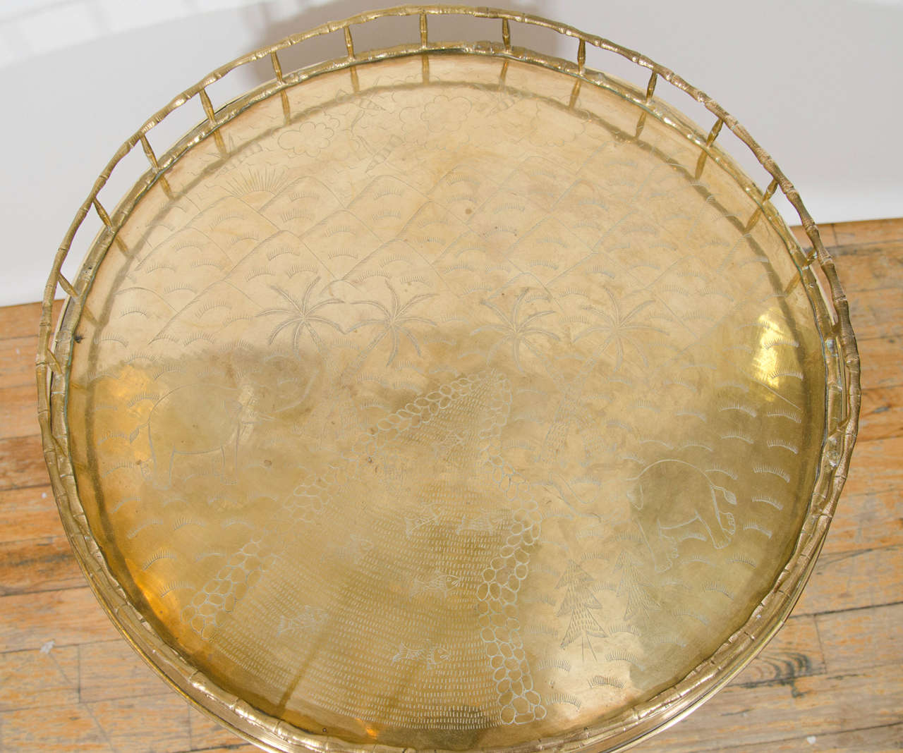 Midcentury Faux Bamboo, Circular Brass Tray with Folding Table or Stand 1