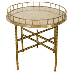 Midcentury Faux Bamboo, Circular Brass Tray with Folding Table or Stand