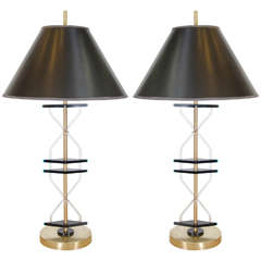 Midcentury Pair of Lucite and Black Acrylic Table Lamps with Brass Accents