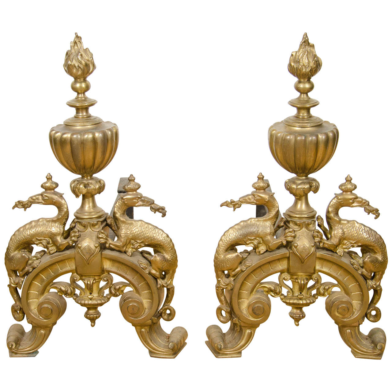 A 19th Century Pair of Gothic Style Bronze Andirons with Griffins