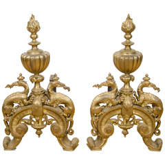 A 19th Century Pair of Gothic Style Bronze Andirons with Griffins