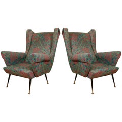 Midcentury Pair of Aqua Colored Wingback Italian Armchairs or Lounge Chairs