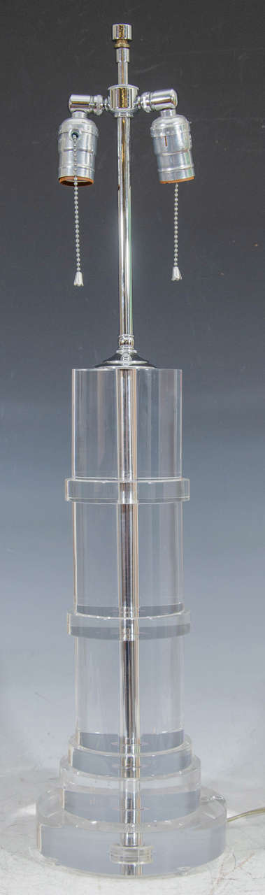 Midcentury Pair of Cylindrical Stacked Lucite Lamps