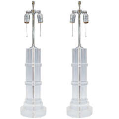 Midcentury Pair of Cylindrical Stacked Lucite Lamps