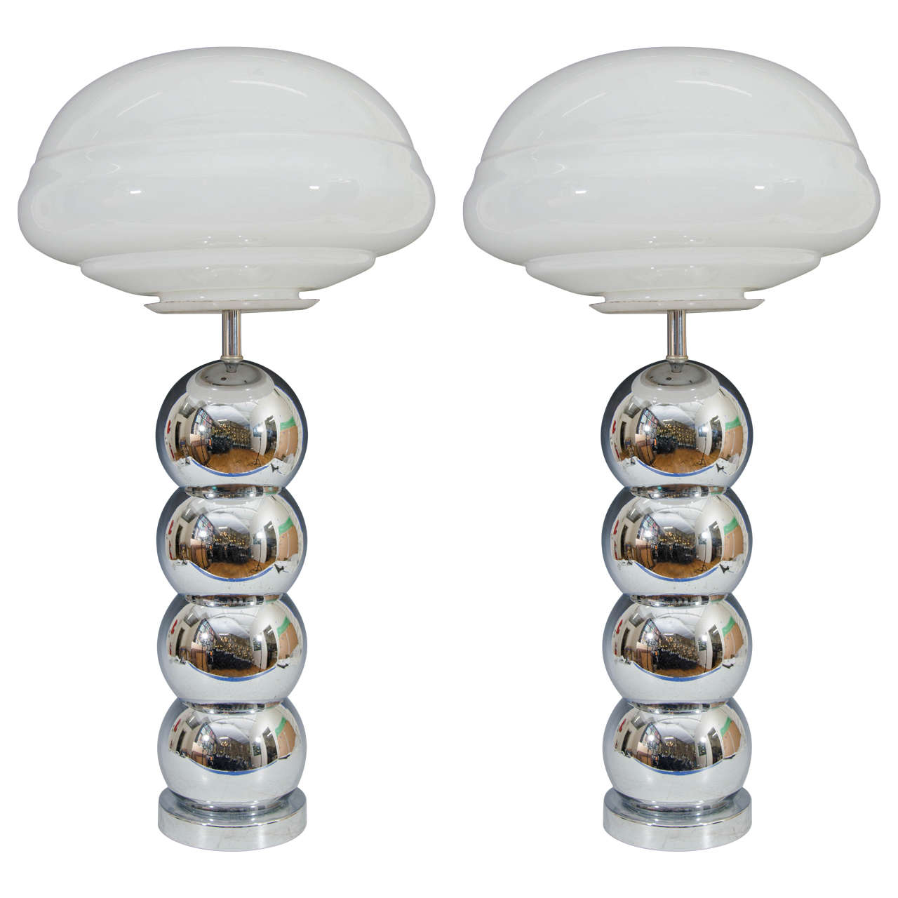 Midcentury Chrome Stacked Table Lamps with Large Frosted Glass Shades