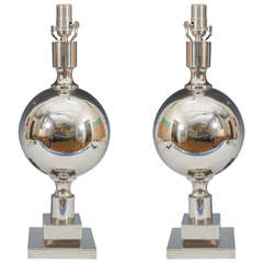 Midcentury Pair of Polished Chrome Table Lamps Attributed to Maison Jansen