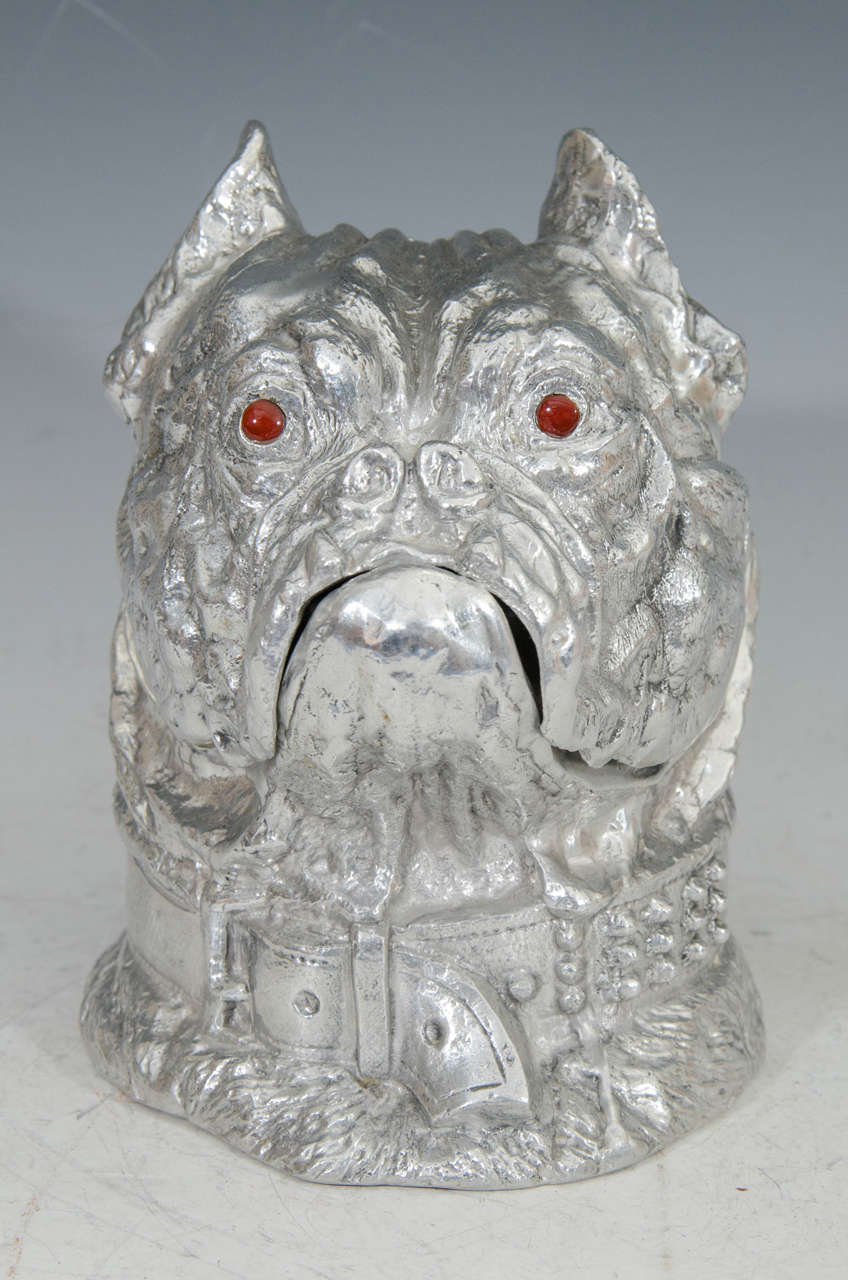 A vintage Arthur Court sculptural aluminum bulldog ice bucket or wine cooler with red eyes. Stamped on the bottom.

Please see our other Arthur Court wine coolers, ice buckets, and serveware. We have elephants, dolphins, wild boar, whales,