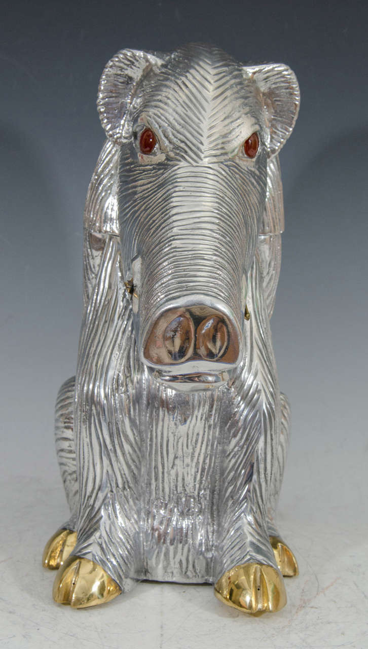 A vintage Arthur Court aluminum wild boar ice bucket or wine cooler. The piece is stamped and signed Arthur Court on the bottom.

Please see our other Arthur Court wine coolers, ice buckets, and serveware. We have elephants, sea lions, whales,