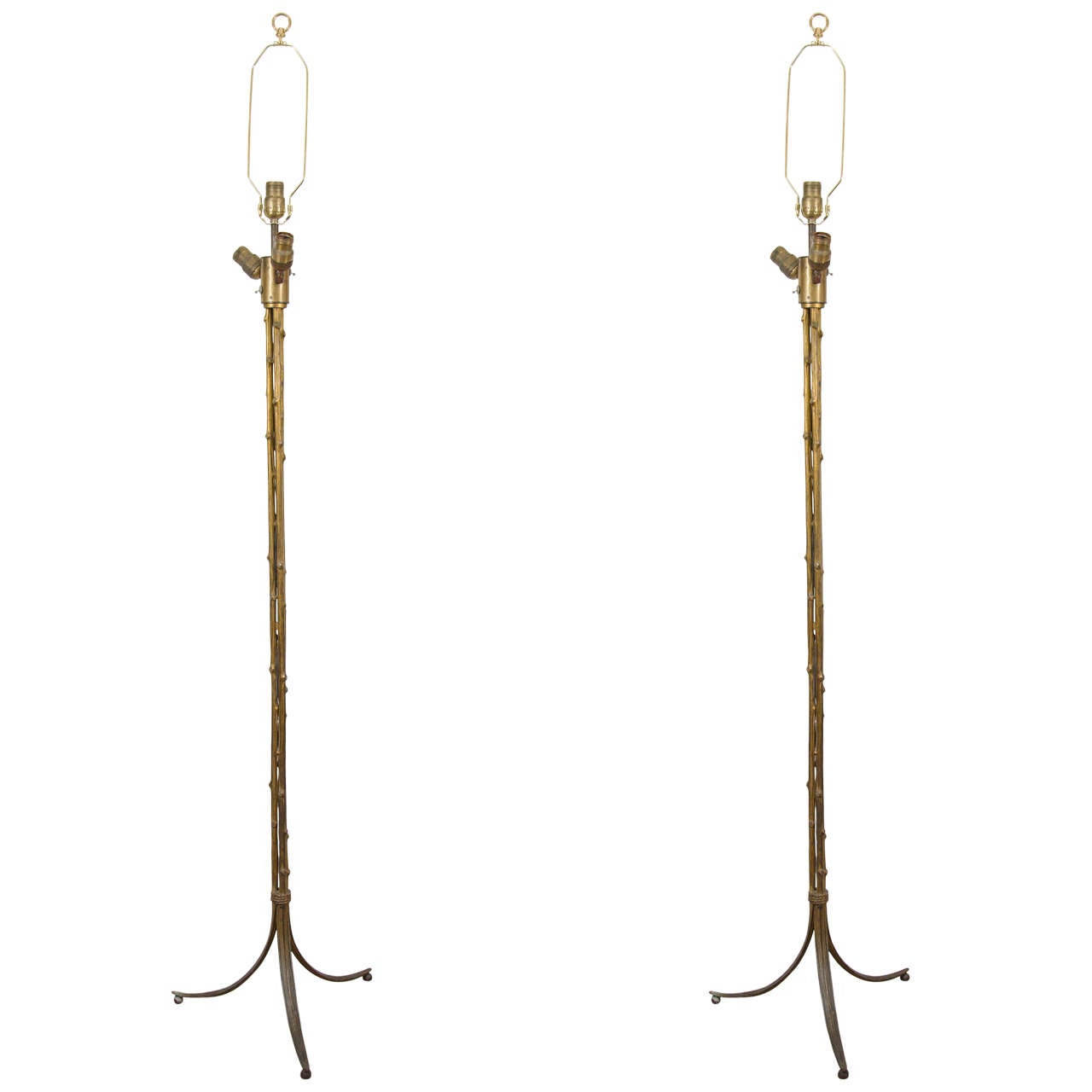 Midcentury Pair of Gilt Bamboo Bronze Floor Lamps by Maison Baguès For Sale