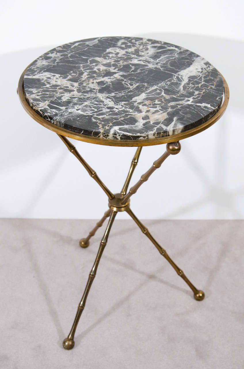 Midcentury Set of Two Italian Faux Bamboo and Marble Cocktail or Drink Tables