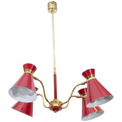 Midcentury Four Arm, Red Metal Chandelier Attributed to Pierre Guariche