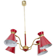 Midcentury Four Arm, Red Metal Chandelier Attributed to Pierre Guariche 1