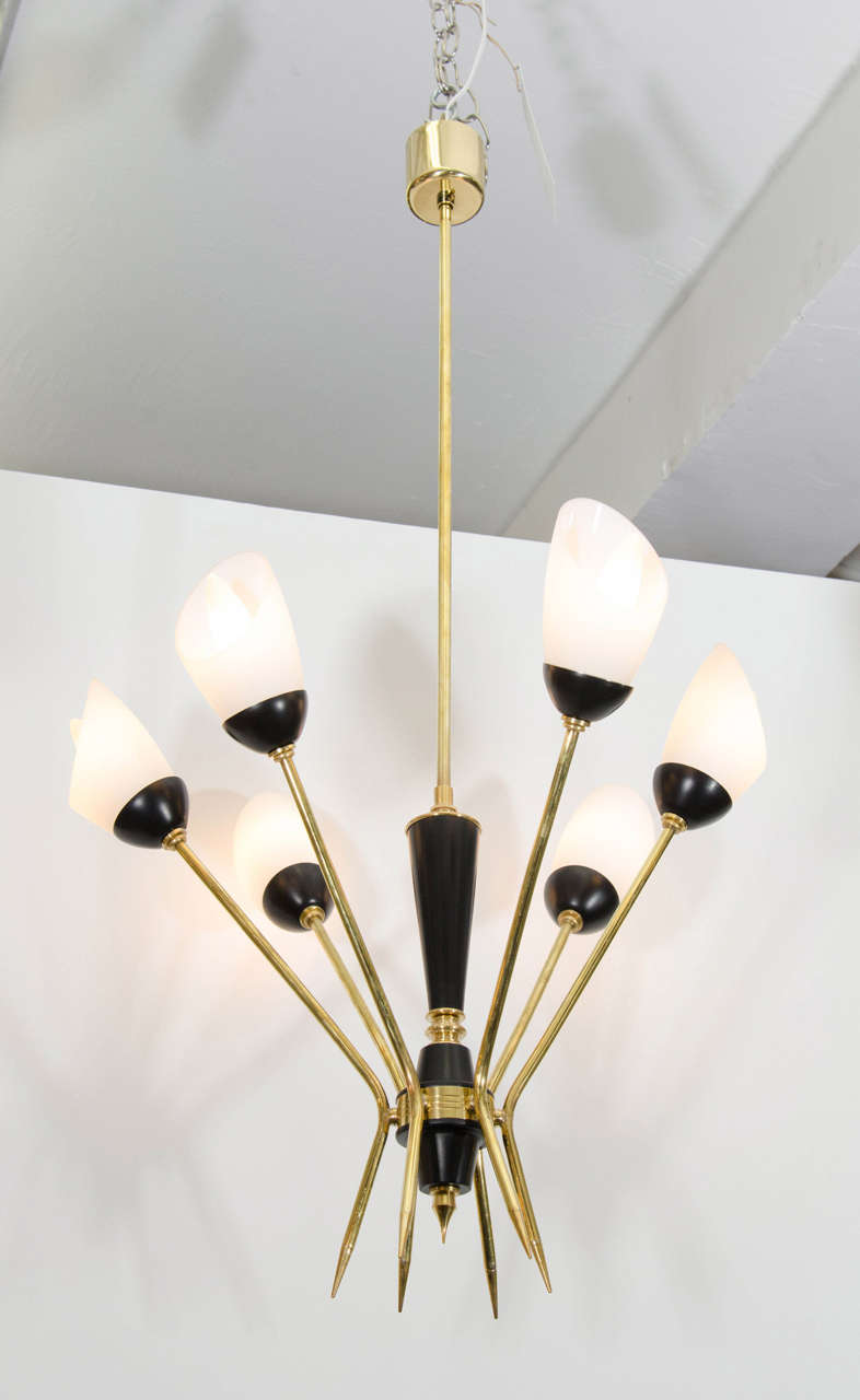 Vintage elegant Italian tulip chandelier, attributed to Stilnovo, circa 1955. Six brass arms with white opaline cup shades on black and brass frame. Rewired.