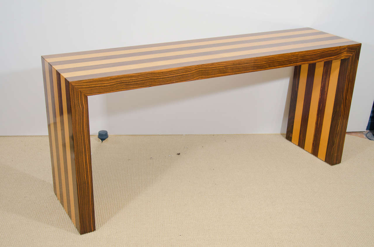 A vintage Milo Baughman for Thayer Coggin console table circa 1965 with zebra and birch woods.

Good vintage condition with a repair to the top.