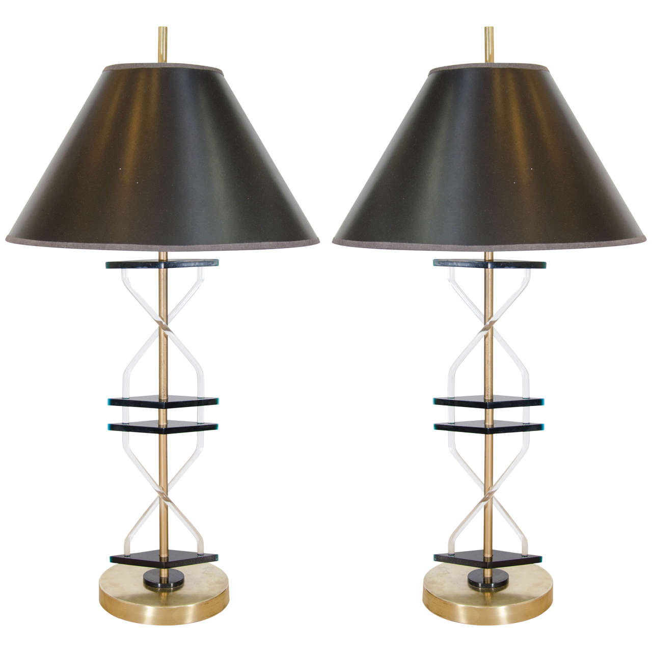 Midcentury Pair of Lucite and Black Acrylic Table Lamps with Brass