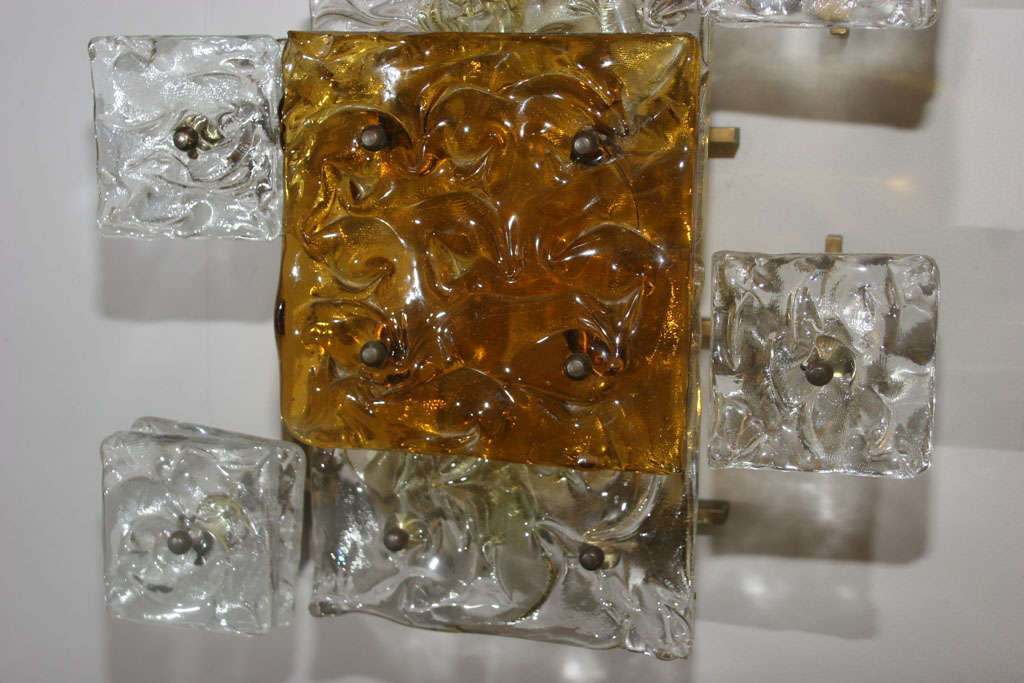Brass Pair of Cubist Italian Art Glass Sconces