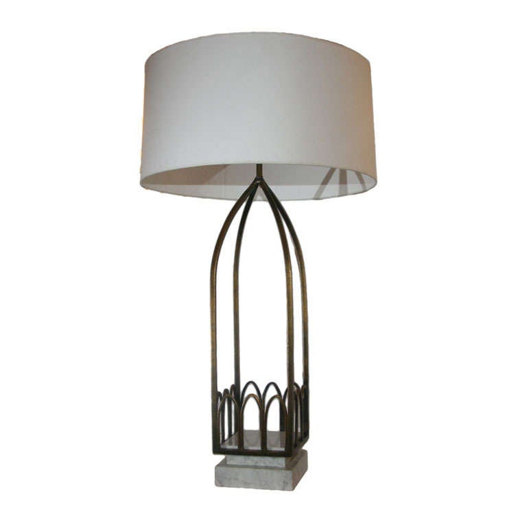 Table Lamp Mid Century Modern  patinated metal and marble 1940's For Sale