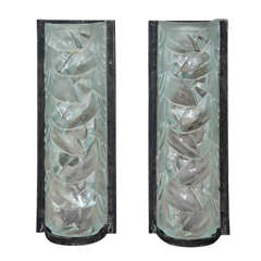 Vintage French Moulded Glass and Forged Iron Sconces