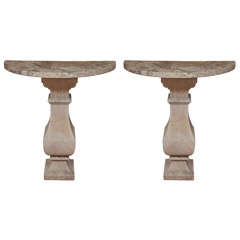 Stunning Pair Carved Limestone and Granite Demilune Tables