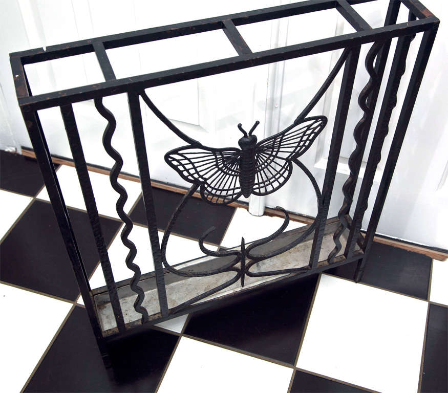 Hand-Crafted French Art Deco Wrought Iron Butterfly Umbrella Stand For Sale