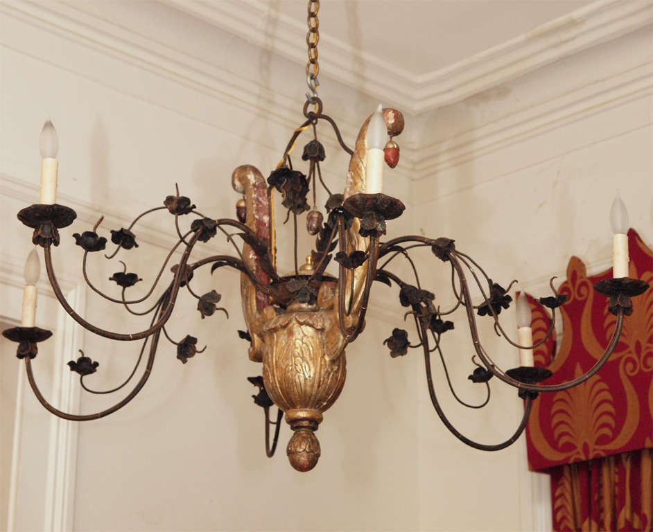 18TH C. GILT WOOD AND IRON LYRE CHANDELIER WITH FLORAL MOTIF. FROM A MONASTARY IN TUSCANY.