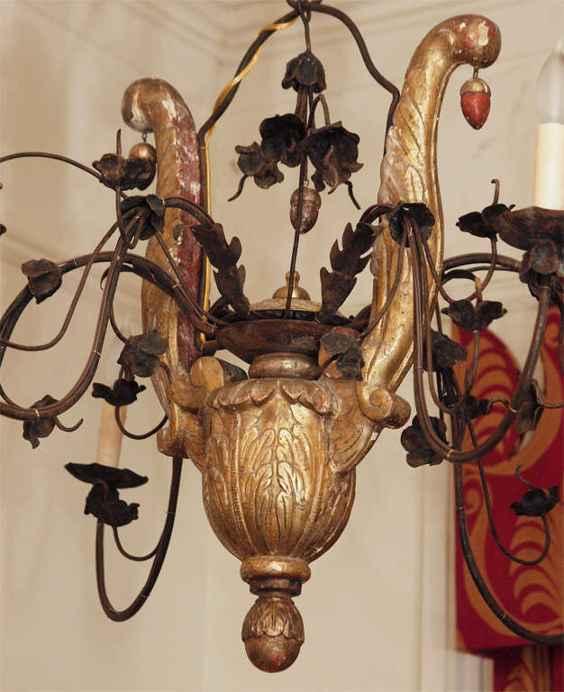 Italian 18th C Tuscan Gilt Wood And Iron Lyre Chandelier