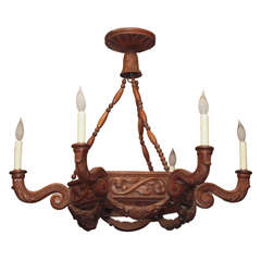 Antique French Wooden 6 Light Chandelier