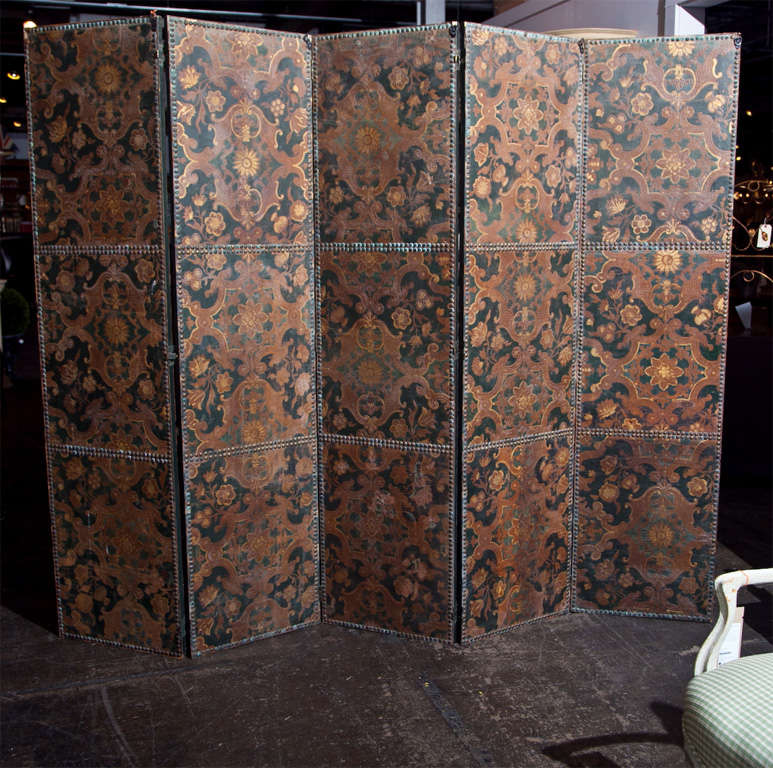 Spanish 5-panel screen, c. 1800, of embossed and polychromed Cordovan leather.