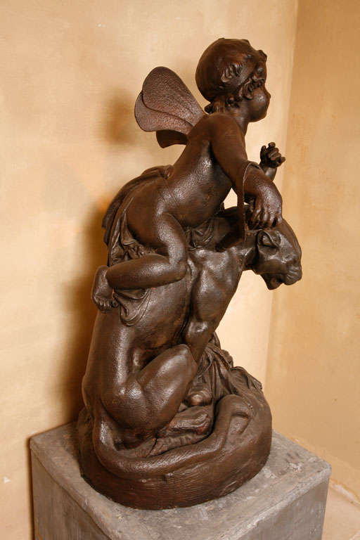Cast Amor seated on a panther, Antoine Durenne (1822-1895), late 19th century For Sale