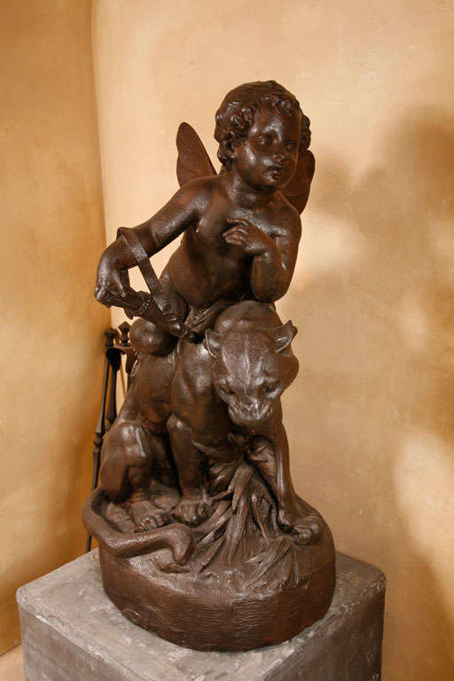 Amor seated on a panther, Antoine Durenne (1822-1895), late 19th century In Good Condition For Sale In Baambrugge, NL