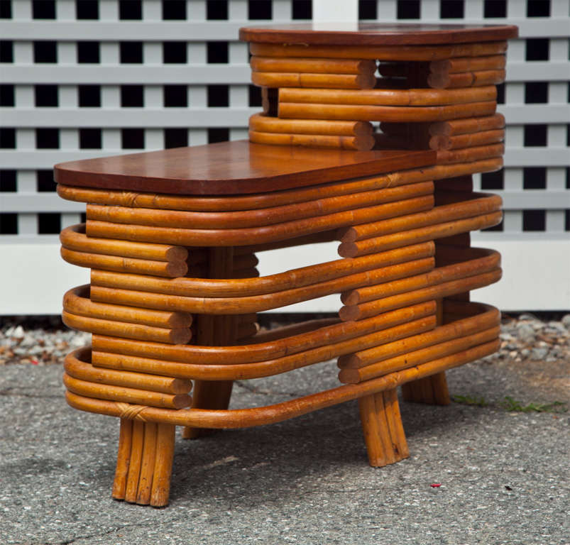 Two tiered rattan banded end table in original finish.