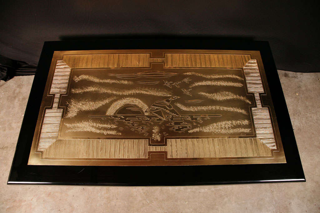 Etched brass artwork coffee table signed by Lova Creations For Sale 1