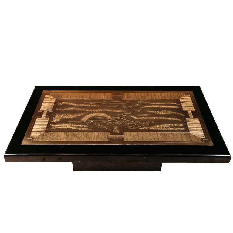 Etched brass artwork coffee table signed by Lova Creations
