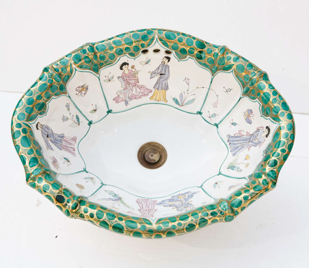 Vintage Sherle Wagner Chinosierie Sink. Uncertain of manufacture date, but made in Italy.  Two available.
Please contact Fernworks (fernworksantiques@msn.com) for trade pricing and shipping options.