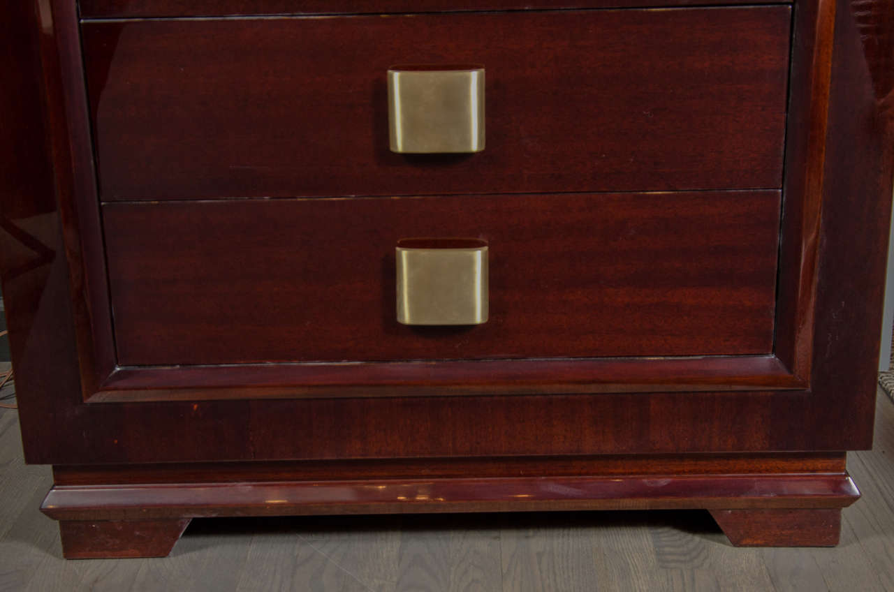 Mid-Century Modern High Chest in Bookmatched Mahogany with Brushed Brass Pulls In Excellent Condition In New York, NY