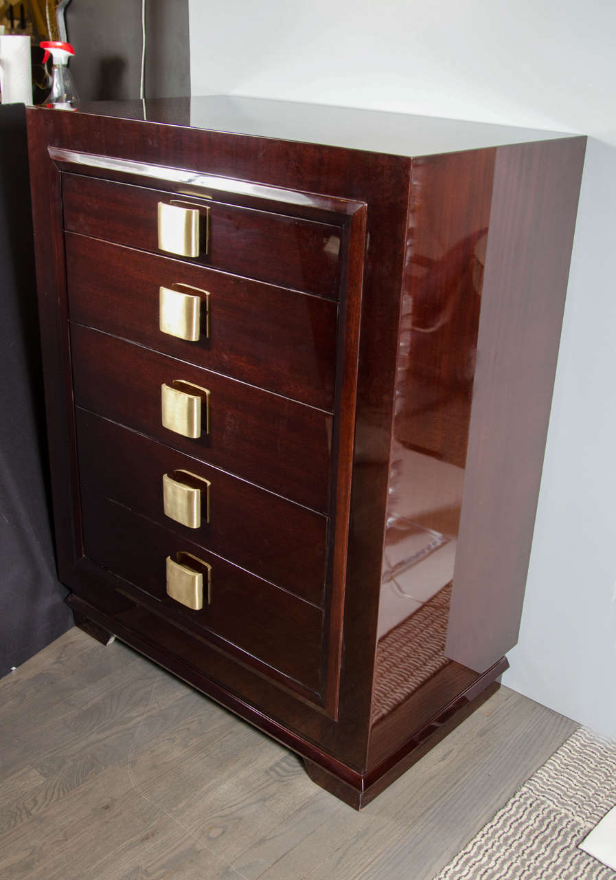 20th Century Mid-Century Modern High Chest in Bookmatched Mahogany with Brushed Brass Pulls