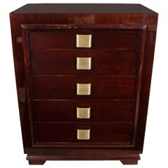 Mid-Century Modern High Chest in Bookmatched Mahogany with Brushed Brass Pulls