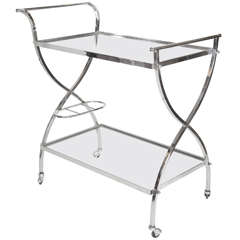 Mid-Century Modernist Two-Tier Nickel Bar Cart with Bottle Holders