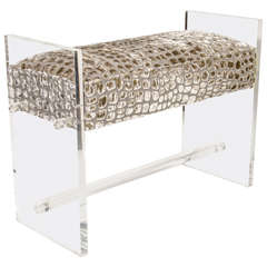 Luxe Lucite Bench Upholstered in Crocodilian Gauffraged Velvet