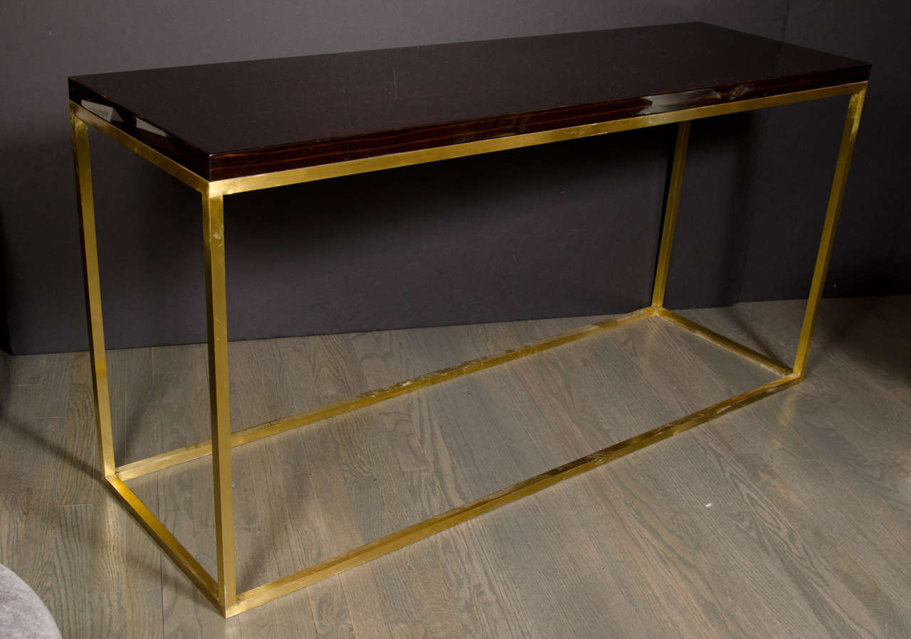 French MidCentury Modern Brushed Brass and Macassar Console Table at