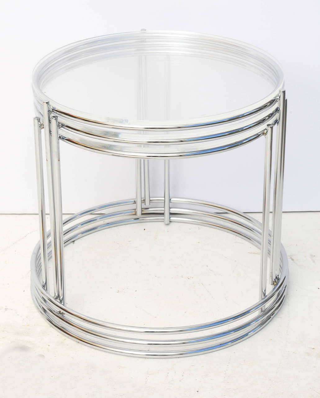 Mid-Century Modern Set of Three Round, Polished Chrome Nesting Tables 