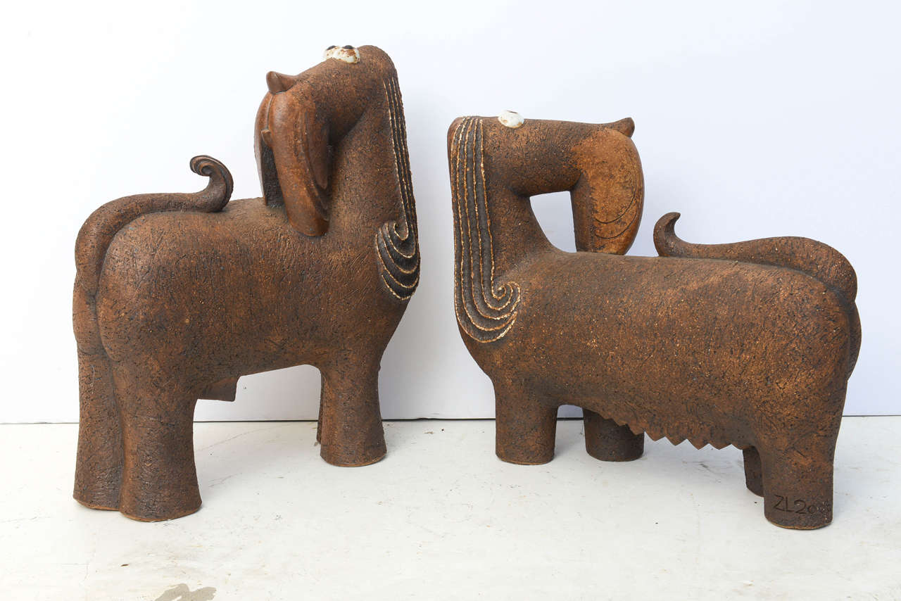  Set of Two Artisan Earthen Ware Daushound Sculptures  For Sale 2