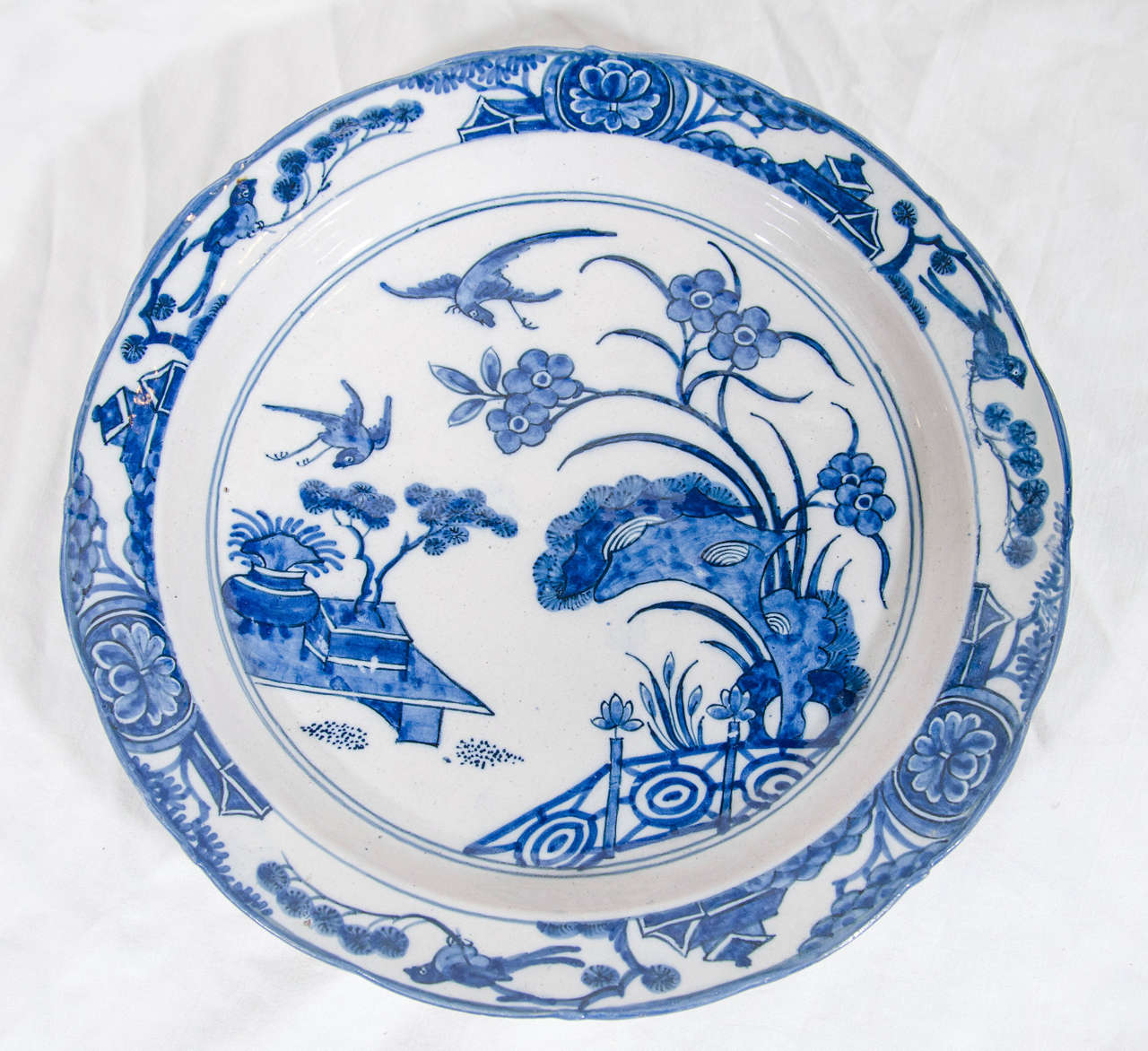 18th Century Dutch Delft Blue and White Charger with Birds in Flight
