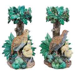 Two-Piece Majolica Centerpiece with a Partridge and Chicks