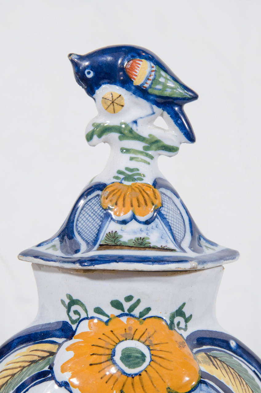 Pair of Dutch Delft Polychrome Mantle Vases Painted in Orange, Blue and Green In Excellent Condition In Katonah, NY
