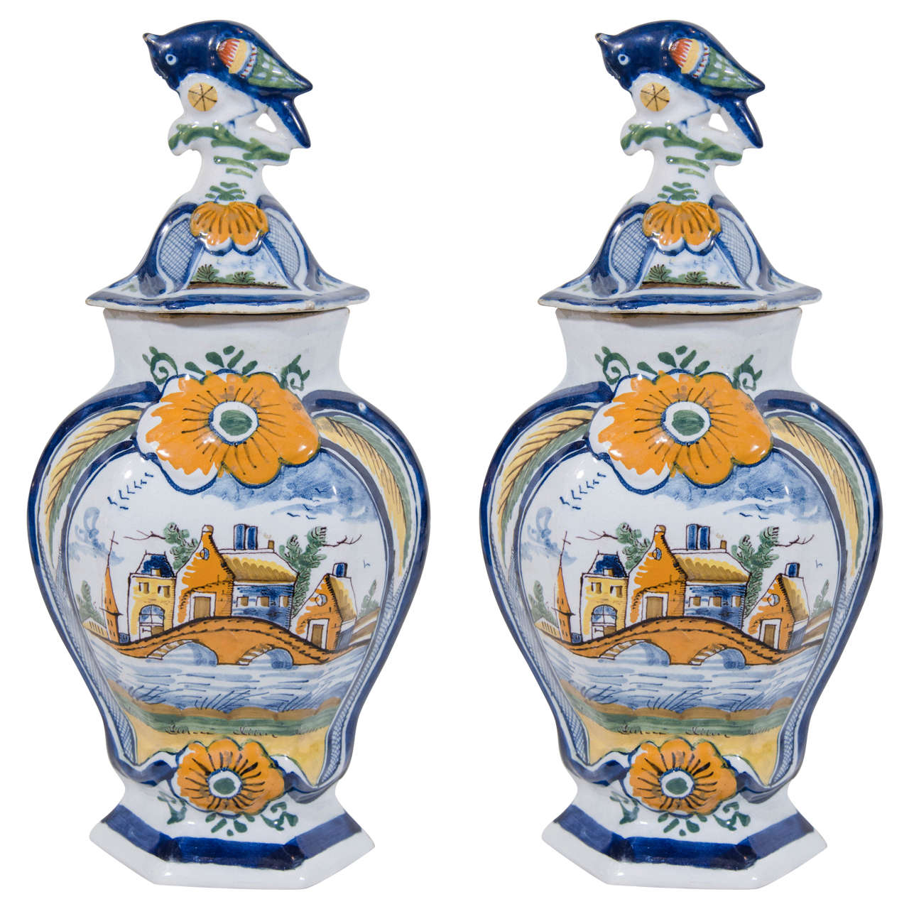 Pair of Dutch Delft Polychrome Mantle Vases Painted in Orange, Blue and Green