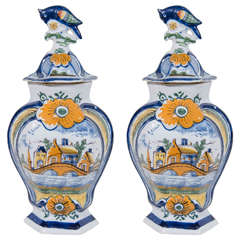 Pair of Dutch Delft Polychrome Mantle Vases Painted in Orange, Blue and Green