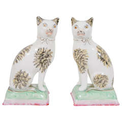 Antique Pair of Staffordshire Cats on Cushions