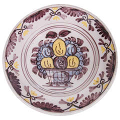 Early Dutch Delft Charger with Basket of Fruit Painted Manganese and Yellow